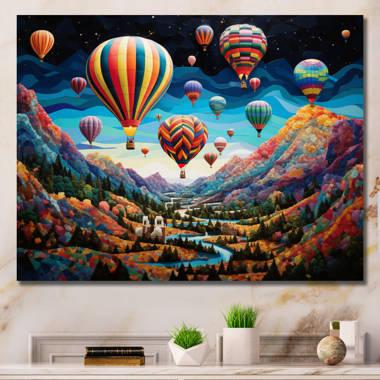 Millwood Pines Teal Hot Air Ballon Mosaic Framed On Canvas Print